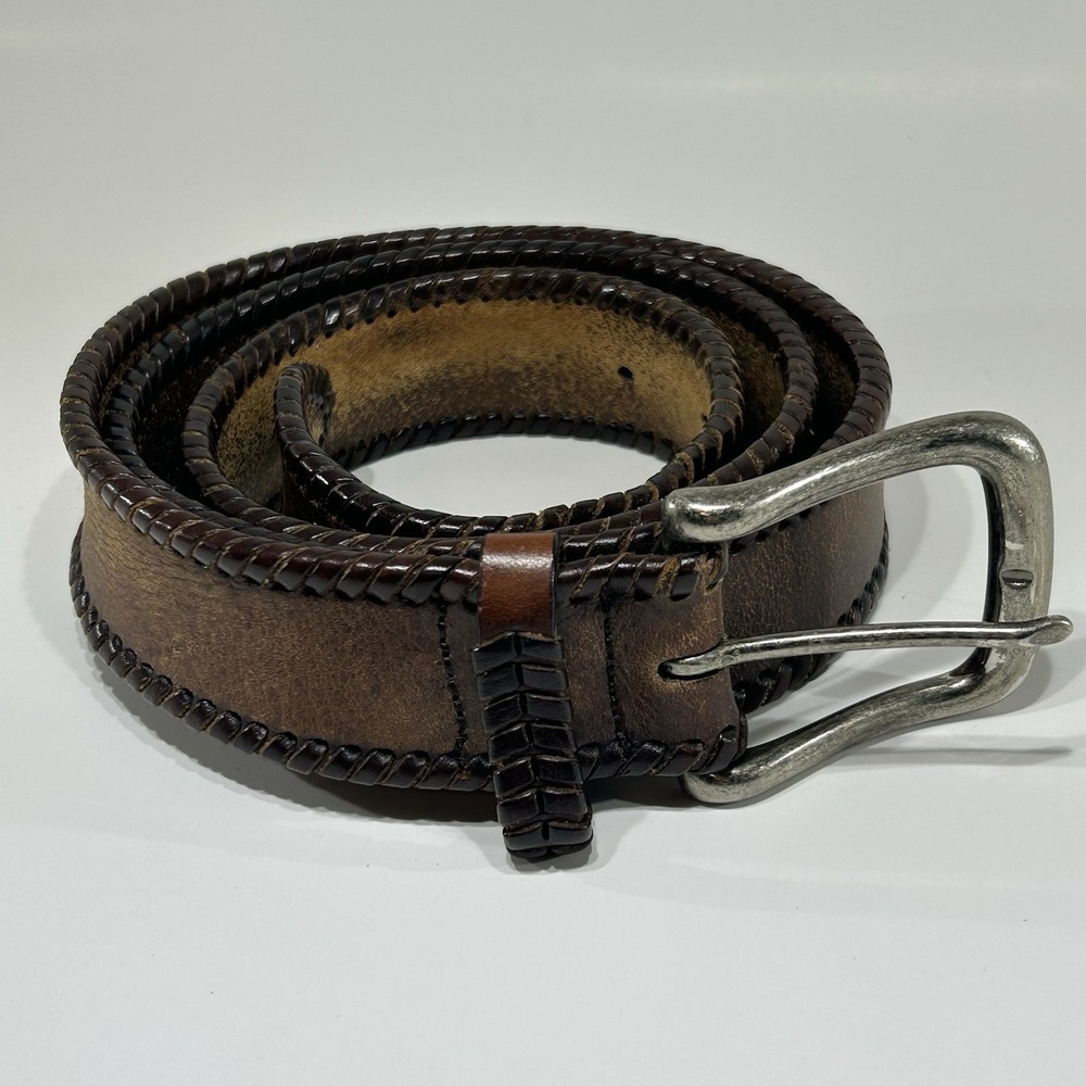 H.S. Trask Mens Brown Leather Whipstitch Belt Size 42 Silver Buckle Distressed